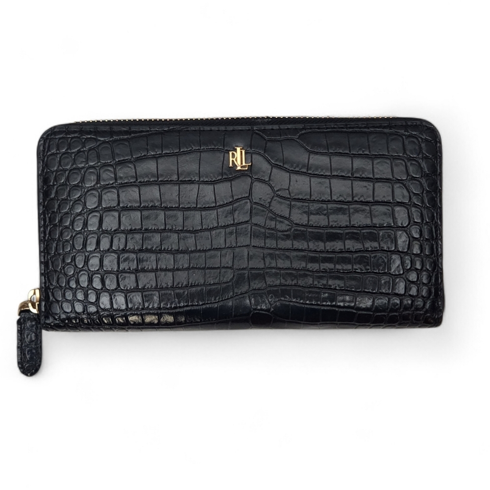 Ralph Lauren Crocodile-Print Leather Wallet zip around wallet billfold Black